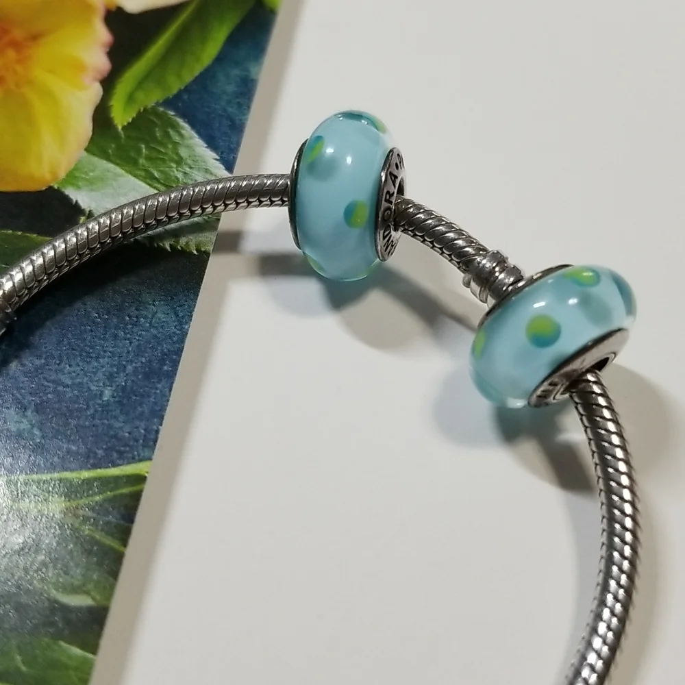 Pandora Teal Polka Dot Murano Glass Beads x 2 - Picture 3 of 5